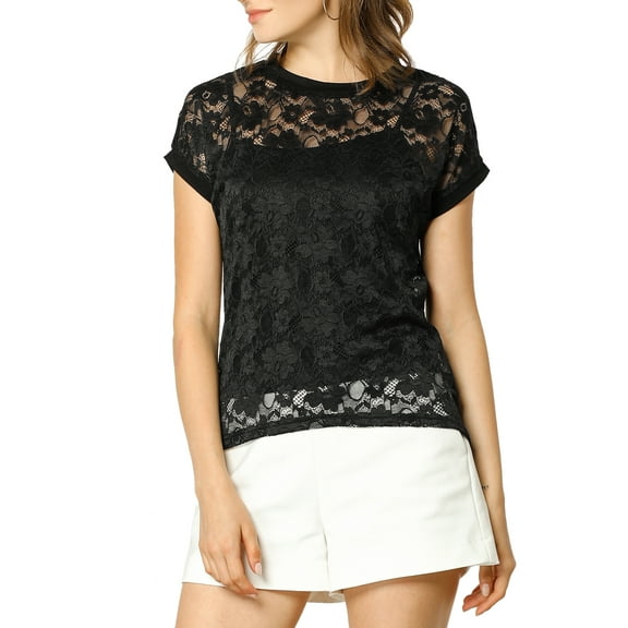 Unique Bargains Junior's Curved Hem Sheer Short Sleeves Floral Lace Blouse