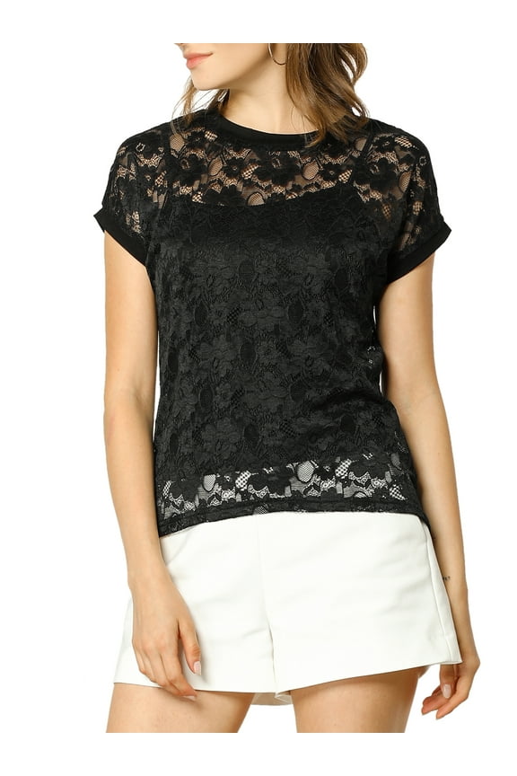 Junior's Curved Hem Sheer Short Sleeves Floral Lace Blouse