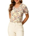 thumbnail image 1 of Unique Bargains Junior's Floral Ruffle V Neck Puff Short Sleeves Blouse Top Beige XS, 1 of 7