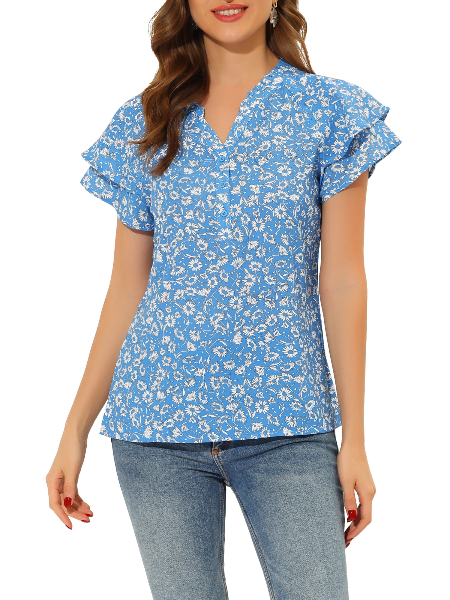 Unique Bargains Junior's Floral V Neck Tiered Button Down Summer Blouse Blue S