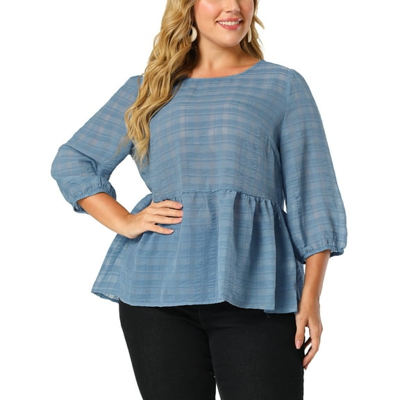 Unique Bargains Junior's Plus Size 3/4 Puff Sleeve Elastic Waist Peplum Blouses 3X Blue
