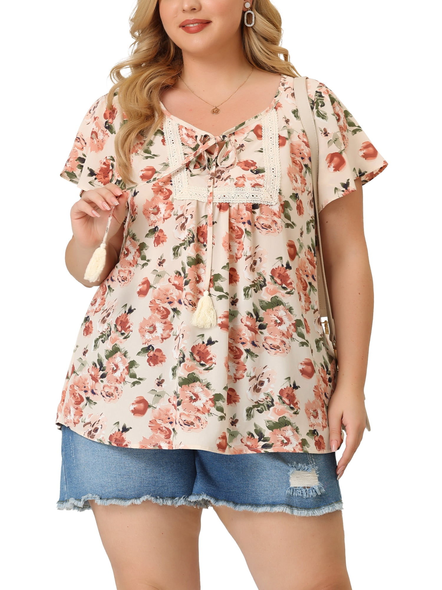 Unique Bargains Junior's Plus Size Chiffon Tassel Lace Flare Sleeve Floral Tops Apricot 1X