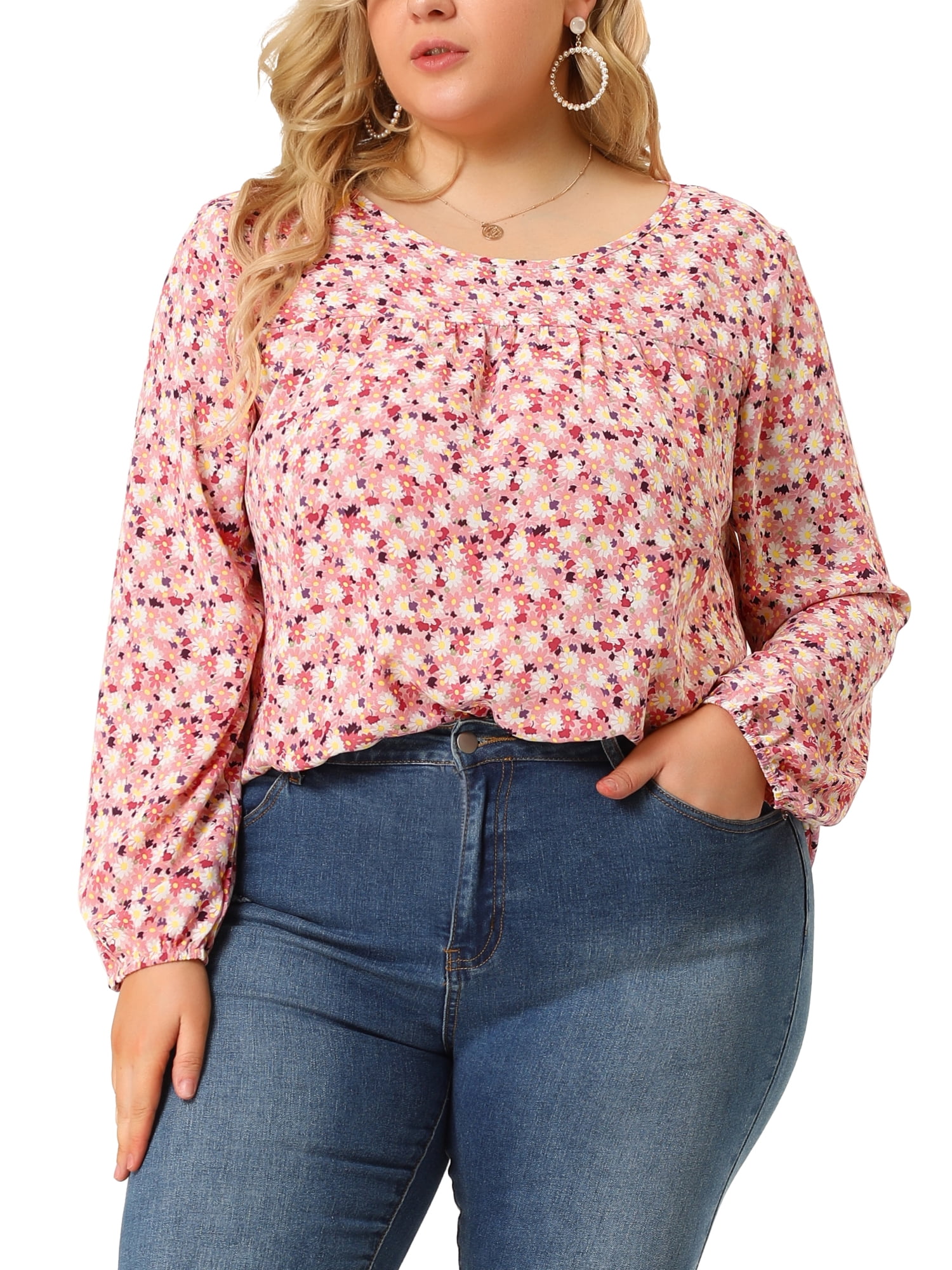 Unique Bargains Junior's Plus Size Pleated Yoke Ditsy Floral Peplum Blouses Pink 1X