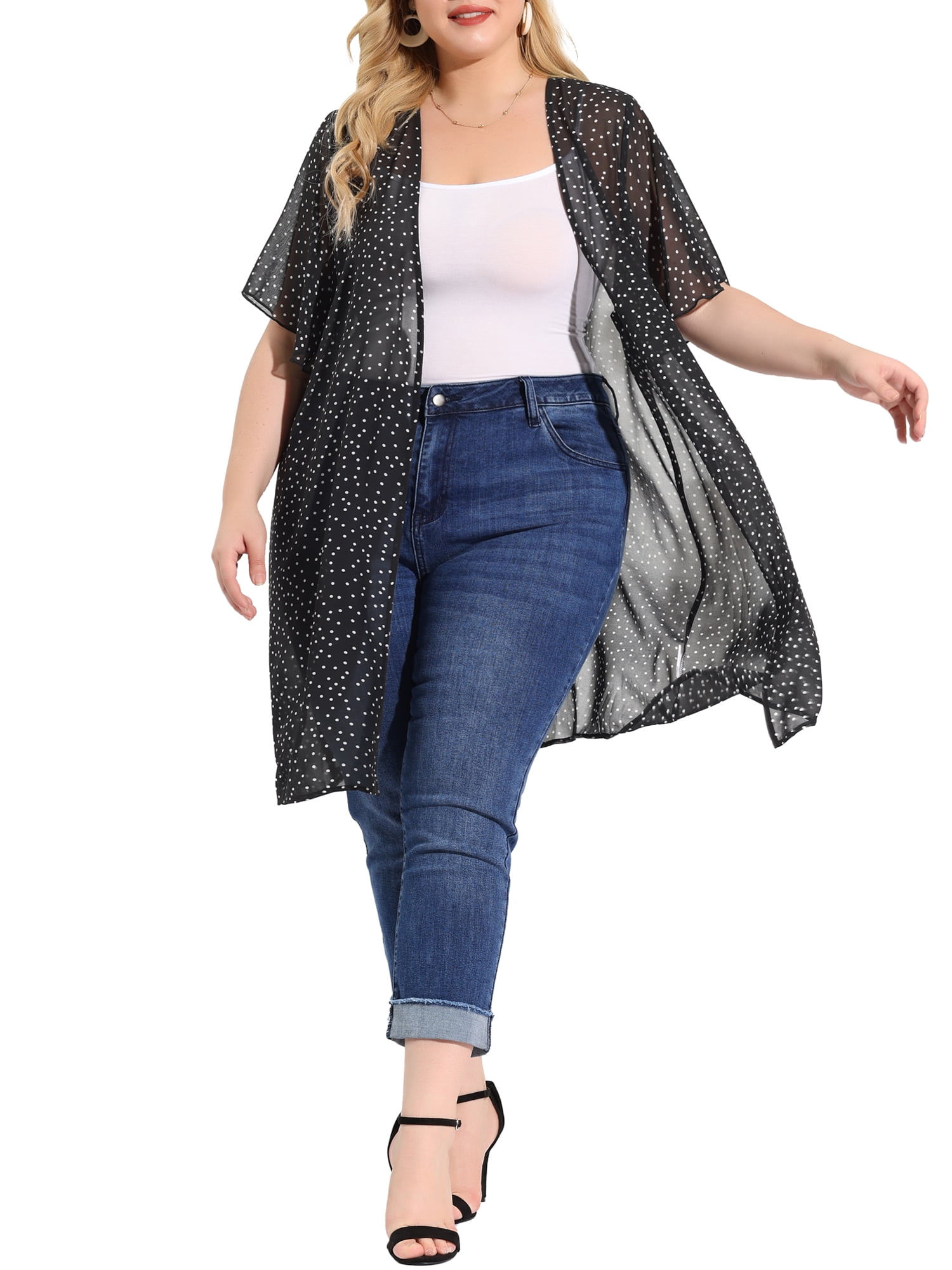Unique Bargains Junior's Plus Size Polka Dots Bell Sleeve Female Chiffon Cardigans 1X Black