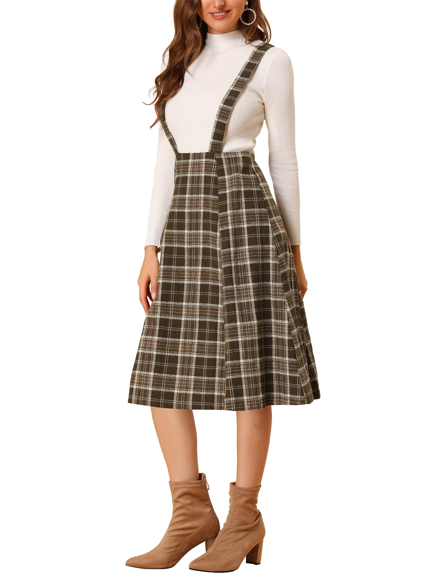 Unique Bargains Junior's Retro Plaid Tartan A-Line Suspender Midi Skirt M Brown Plaid