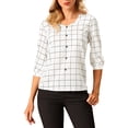 thumbnail image 1 of Unique Bargains Junior's Spring Plaid 3/4 Sleeve Check Button Decor Tops White M, 1 of 6
