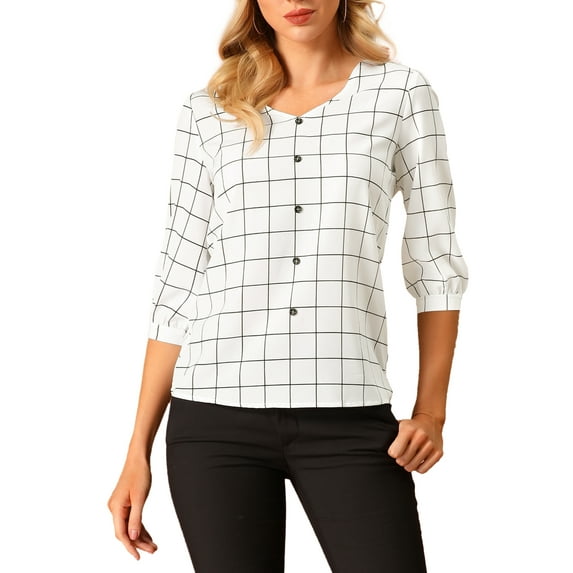 Unique Bargains Junior's Spring Plaid 3/4 Sleeve Check Button Decor Tops White M