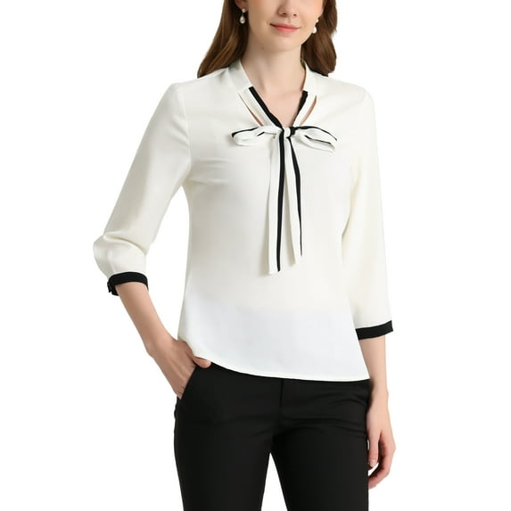 Unique Bargains Junior's Tie V Neck Half Sleeve Button Cuffs Office Shirt Blouse