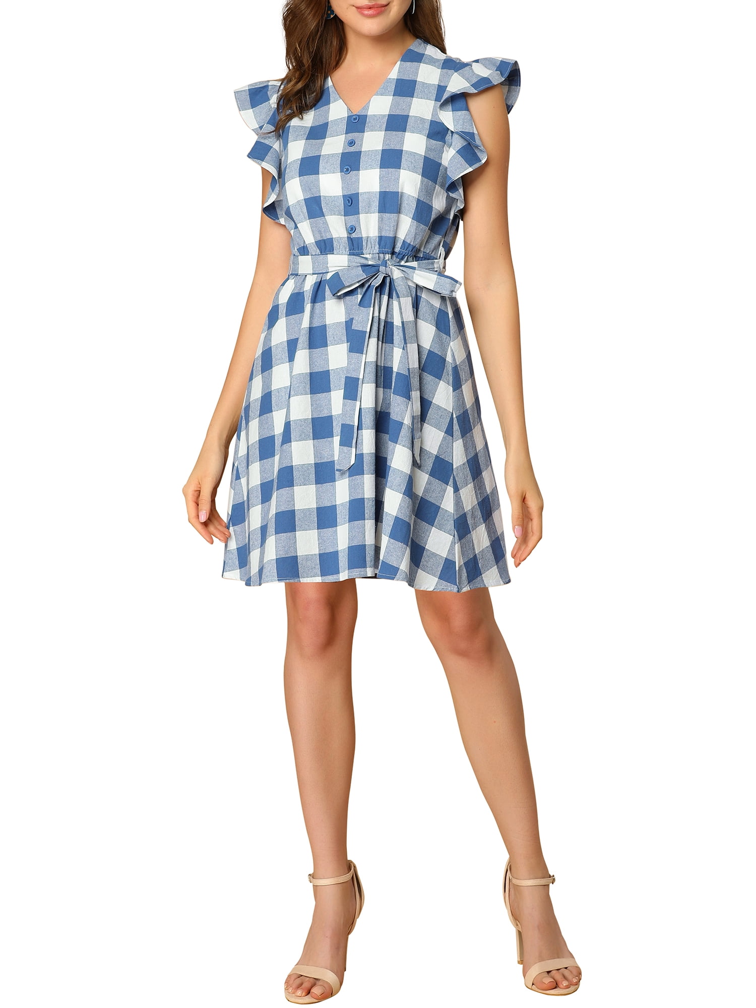 Unique Bargains Junior's V Neck Ruffled Sleeve Belted Check Plaids Dress