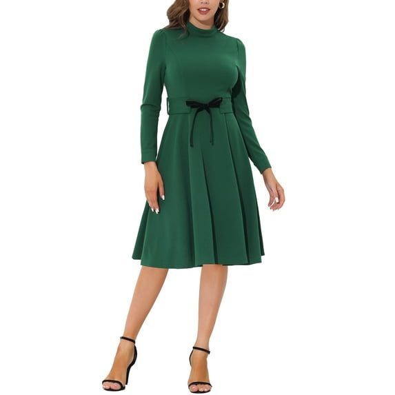 Unique Bargains Juniors Elegant Mock Neck Long Sleeve Self Tie Waist Knit Midi Dress L Green