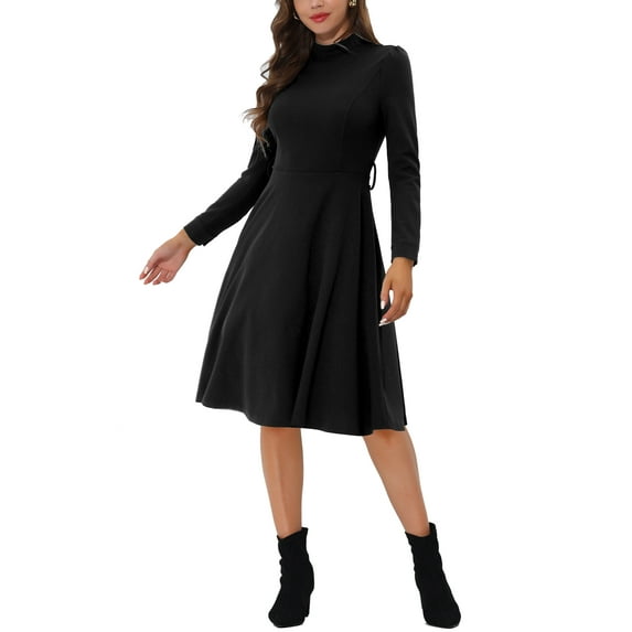 Unique Bargains Juniors Elegant Mock Neck Long Sleeve Self Tie Waist Knit Midi Dress XL Black