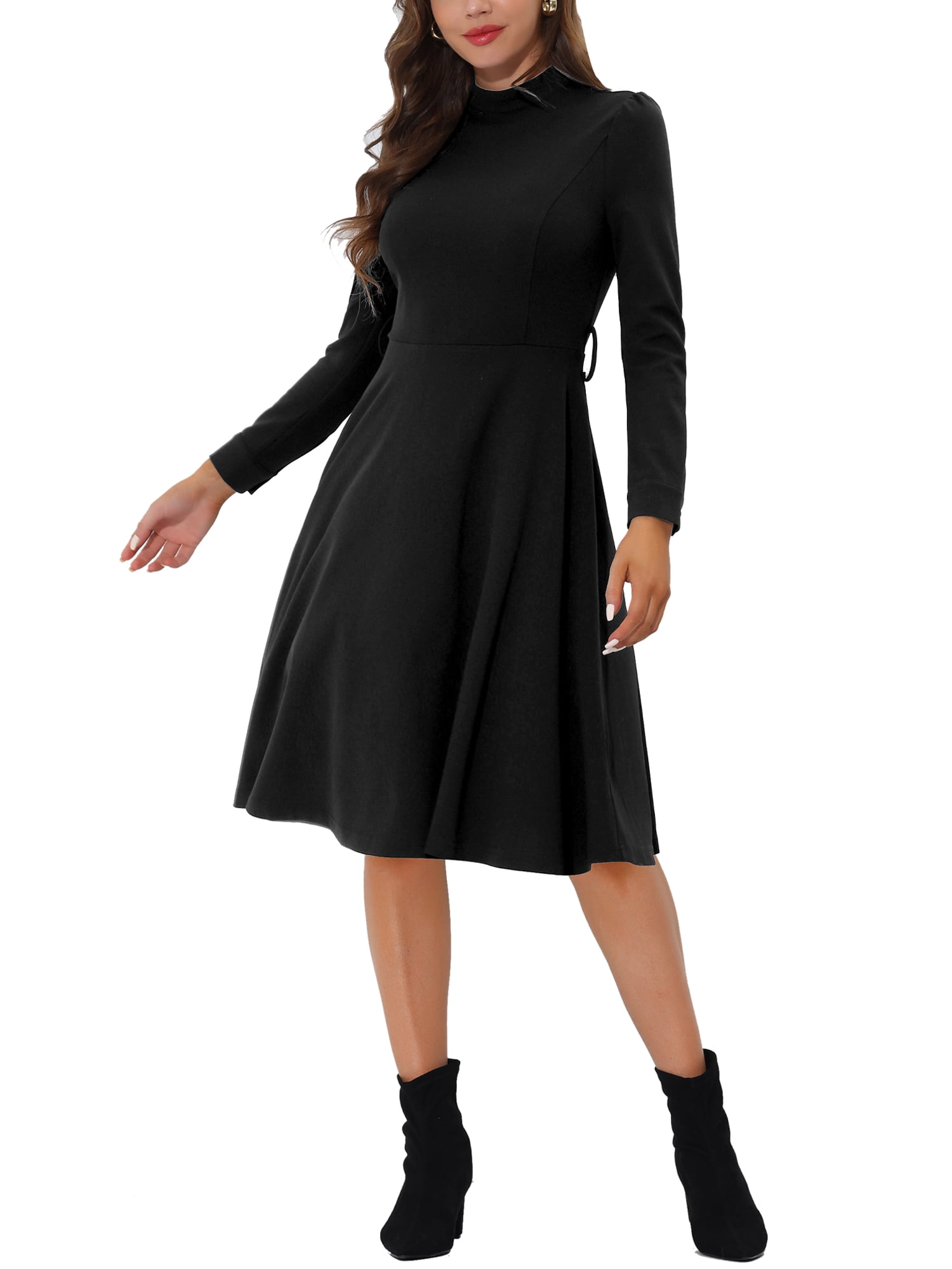 Unique Bargains Juniors Elegant Mock Neck Long Sleeve Self Tie Waist Knit Midi Dress XS Black