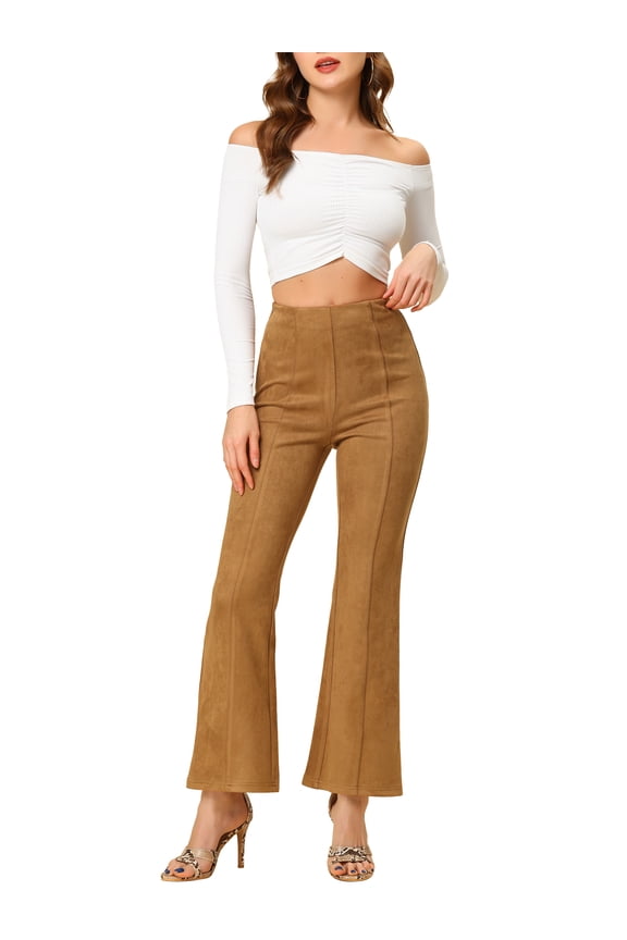 Juniors Flared Hidden Side Zipper Knitted Faux Suede Flared Pants Brown XS