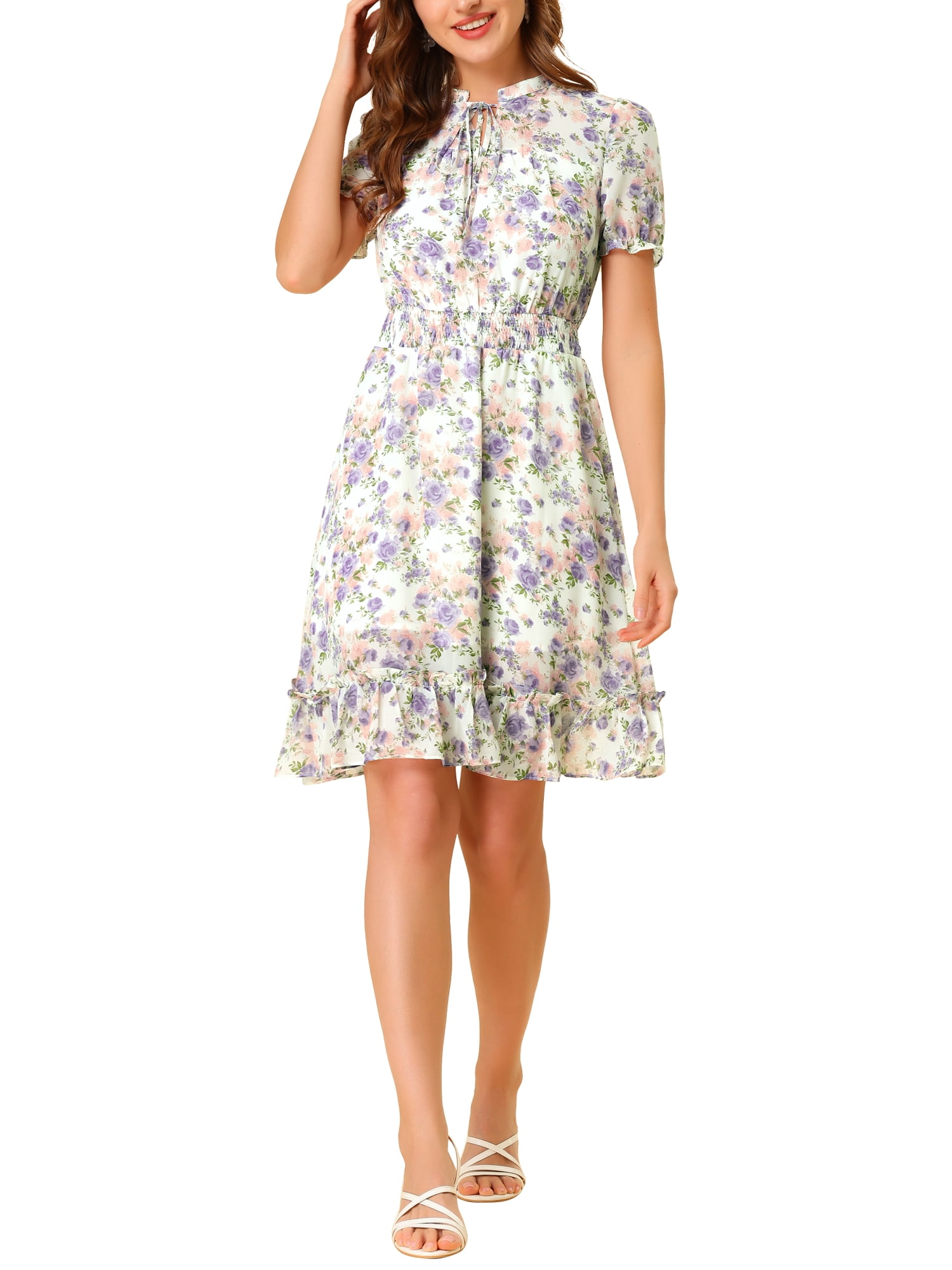 Unique Bargains Juniors Floral Ruffle Hem Short Sleeve A-Line Smocked Chiffon Dress