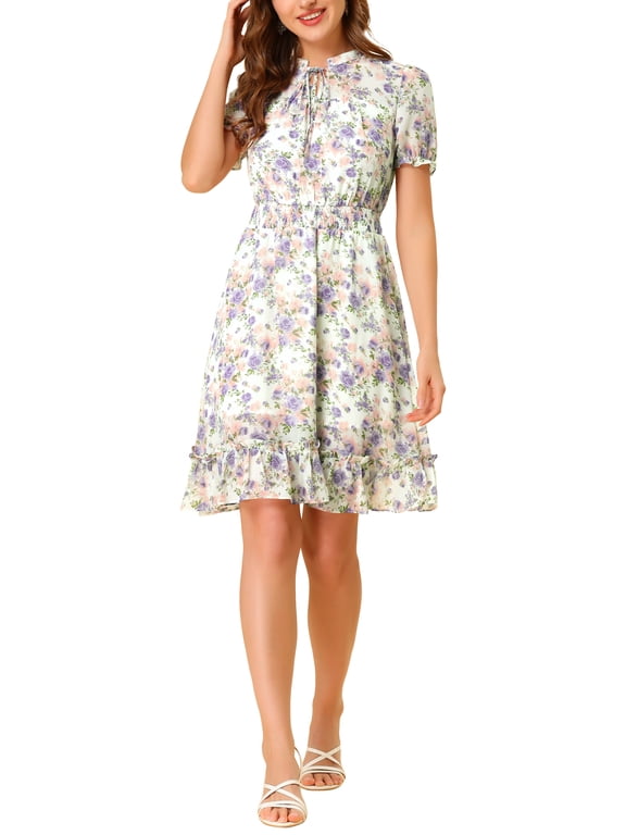Juniors Floral Ruffle Hem Short Sleeve A-Line Smocked Chiffon Dress