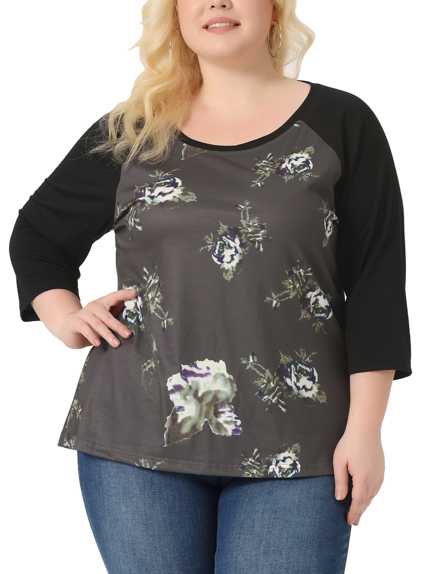 Unique Bargains Juniors' Plus Size 3/4 Sleeve Floral Female Modern Raglan Tops 2X Coffee