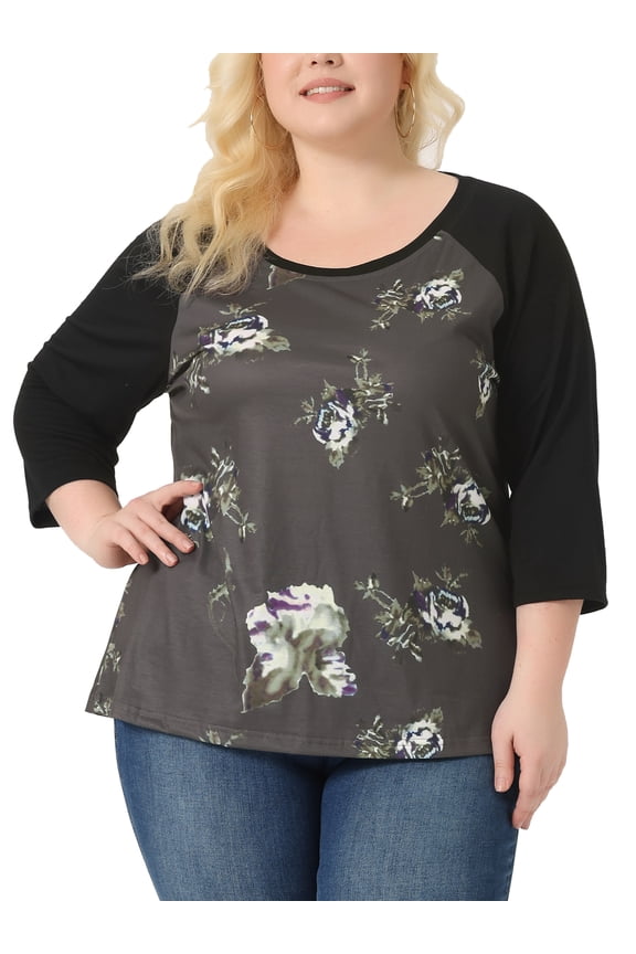 Juniors' Plus Size 3/4 Sleeve Floral Female Modern Raglan Tops 2X Coffee