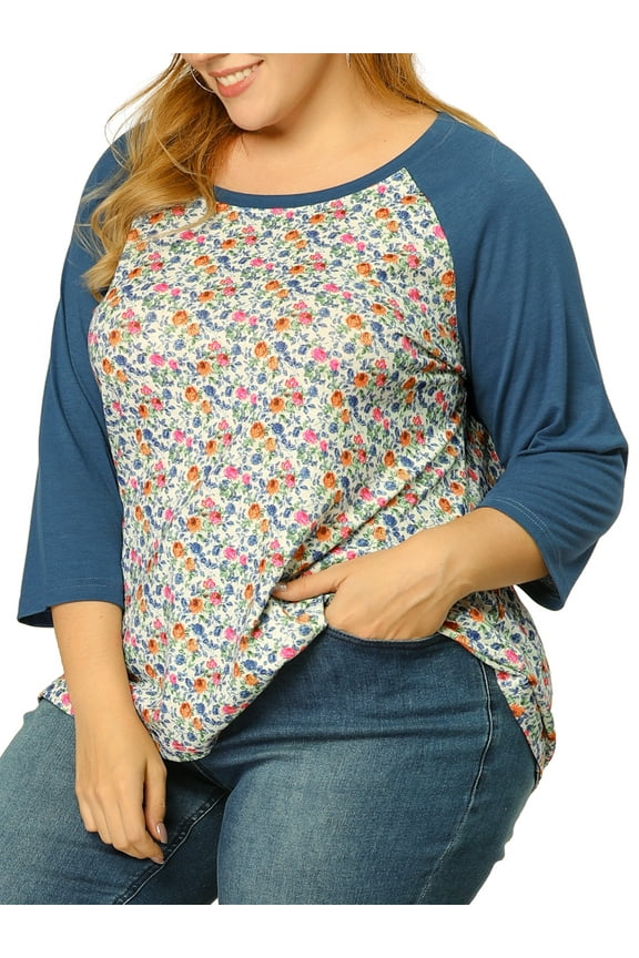 Juniors' Plus Size 3/4 Sleeve Floral Female Modern Raglan Tops 4X Blue