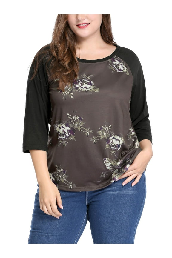 Juniors' Plus Size 3/4 Sleeve Floral Female Modern Raglan Tops 4X Coffee