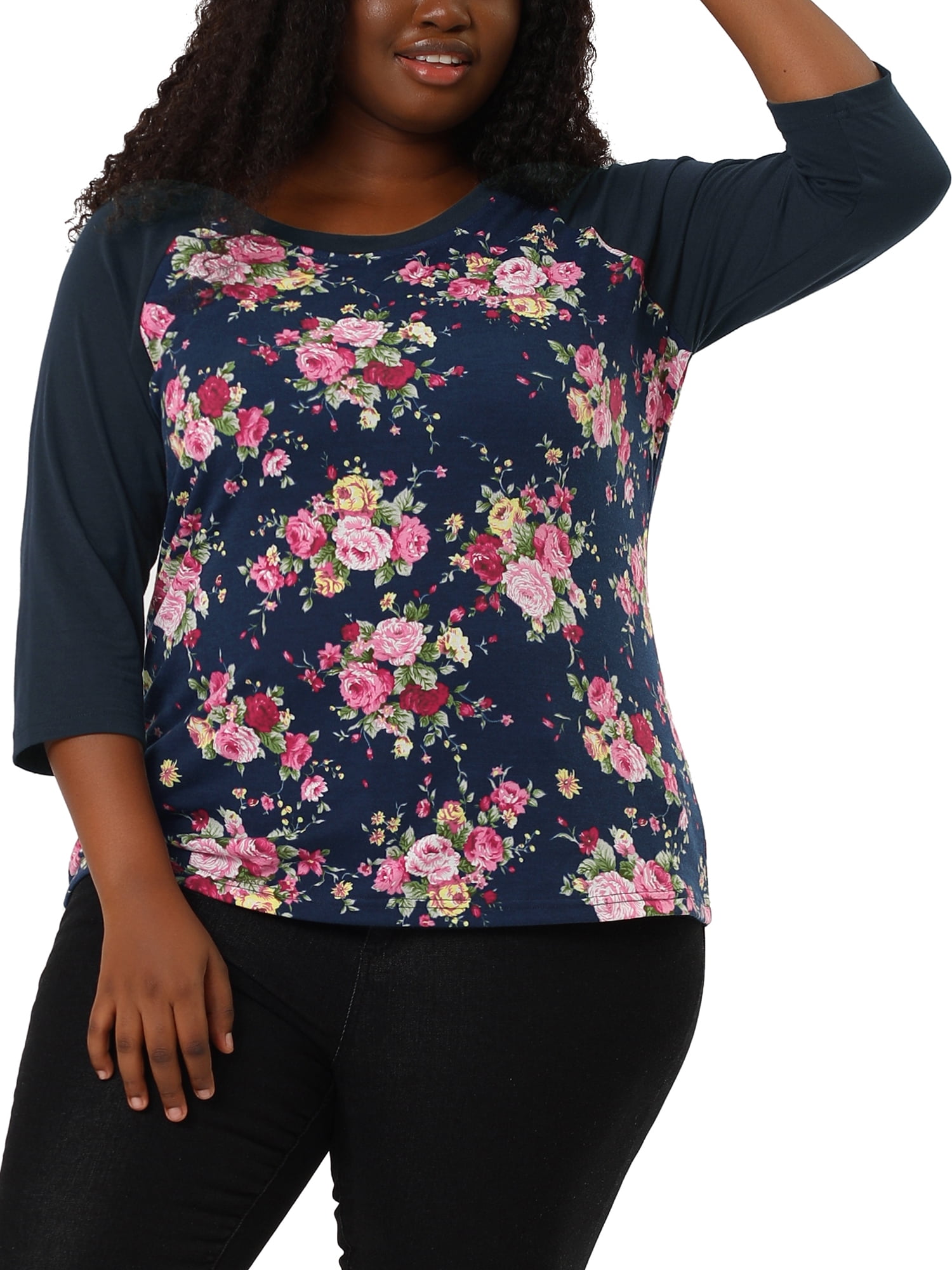 Unique Bargains Juniors' Plus Size 3/4 Sleeve Floral Female Modern Raglan Tops 4X Navy Blue