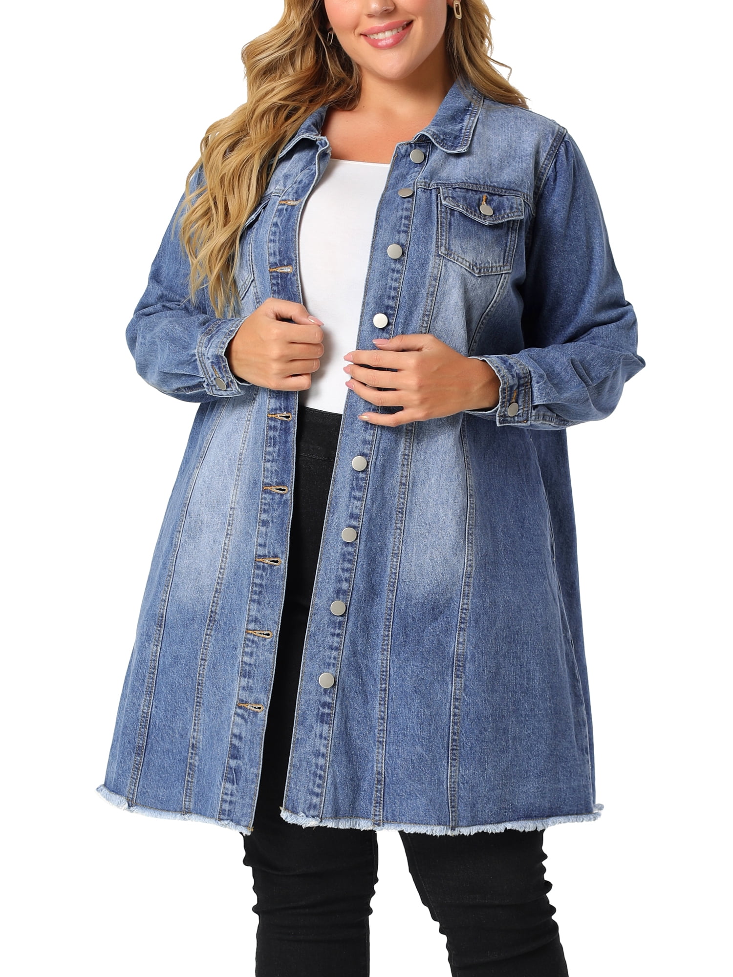 Unique Bargains Juniors' Plus Button Down Long Sleeve Mid Length Denim Outerwear Jacket 3X Blue