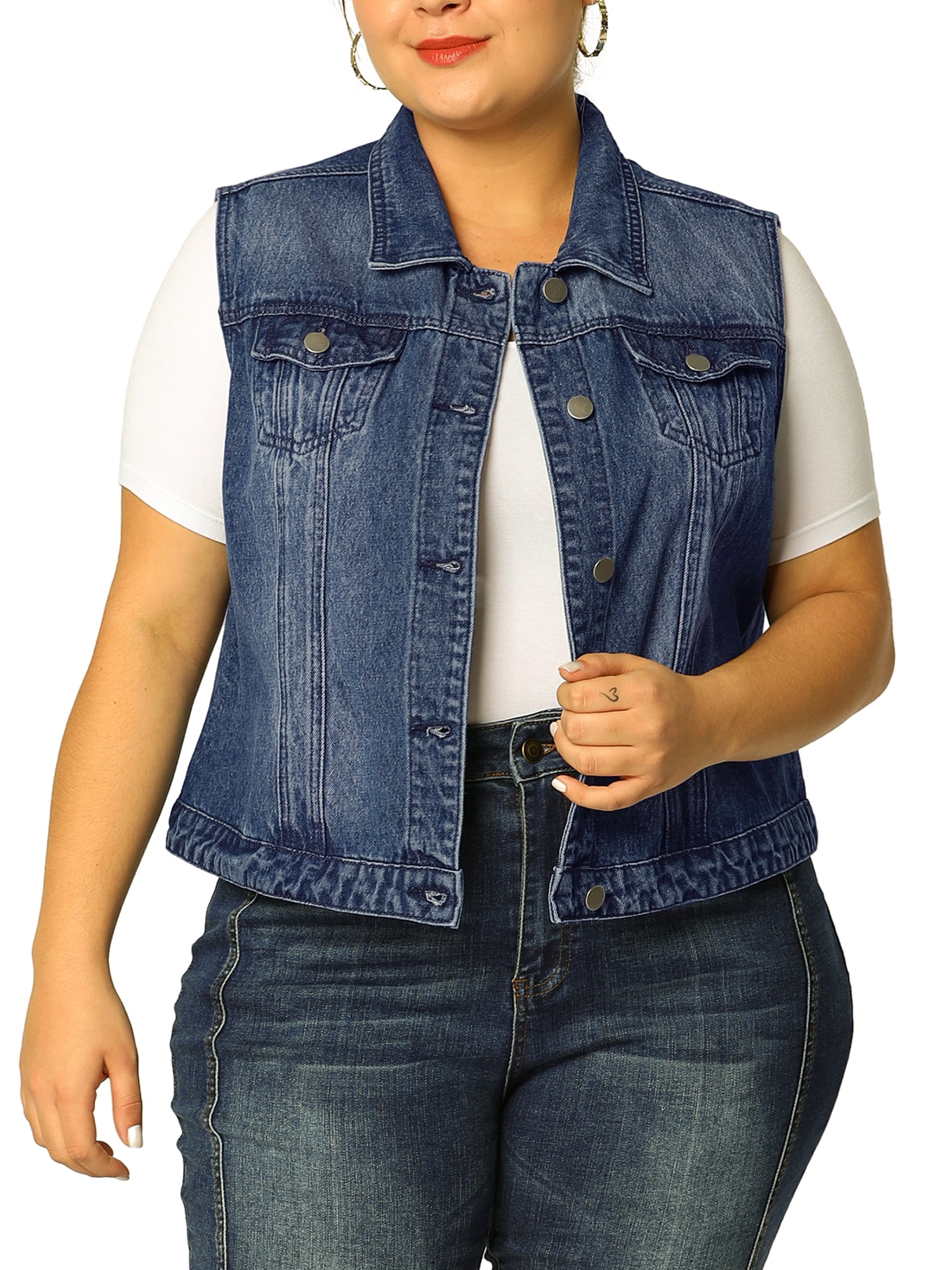 Unique Bargains Juniors' Plus Size Chest Pockets Single Breasted Denim Vest