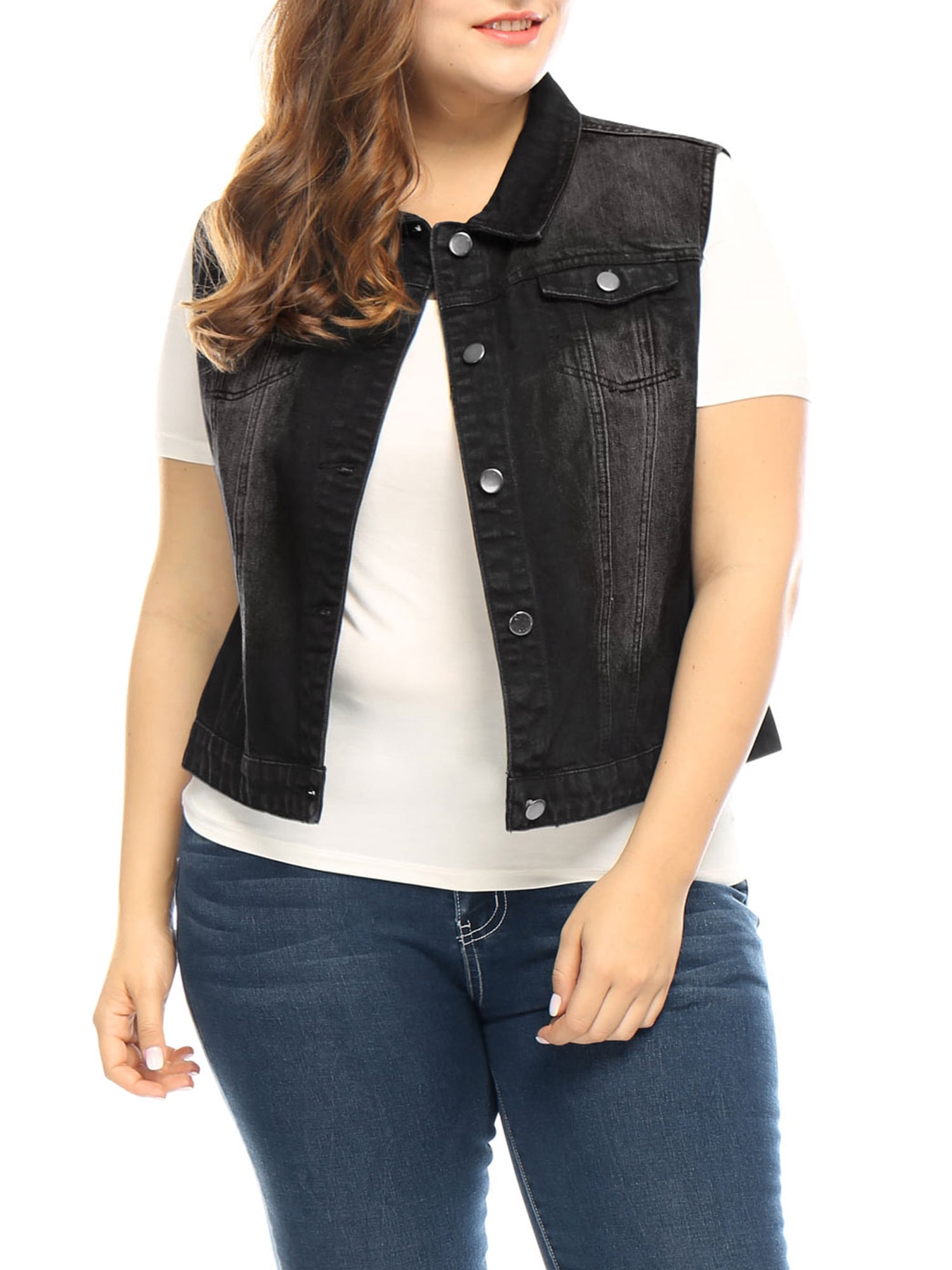 Unique Bargains Juniors' Plus Size Chest Pockets Single Breasted Denim Vest