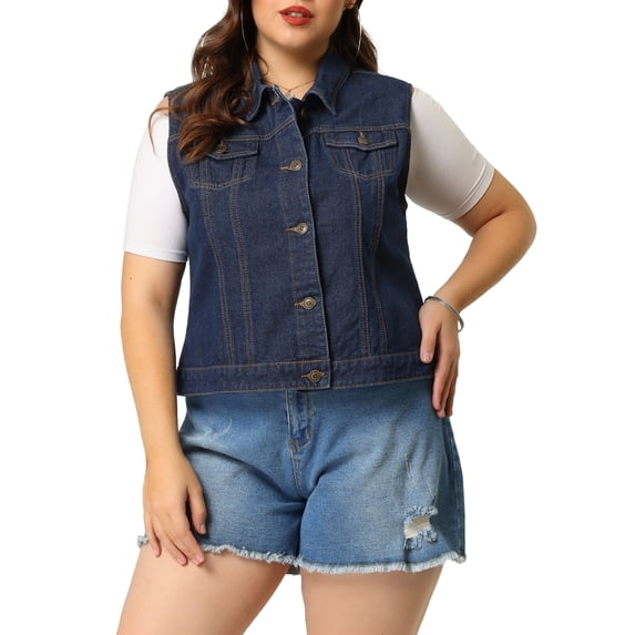Unique Bargains Juniors' Plus Size Chest Pockets Single Breasted Denim Vest