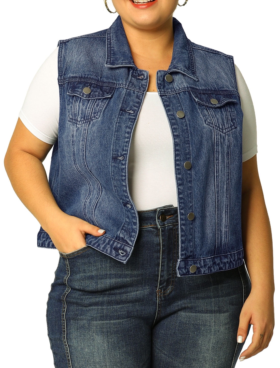 Unique Bargains Juniors' Plus Size Chest Pockets Single Breasted Denim Vest