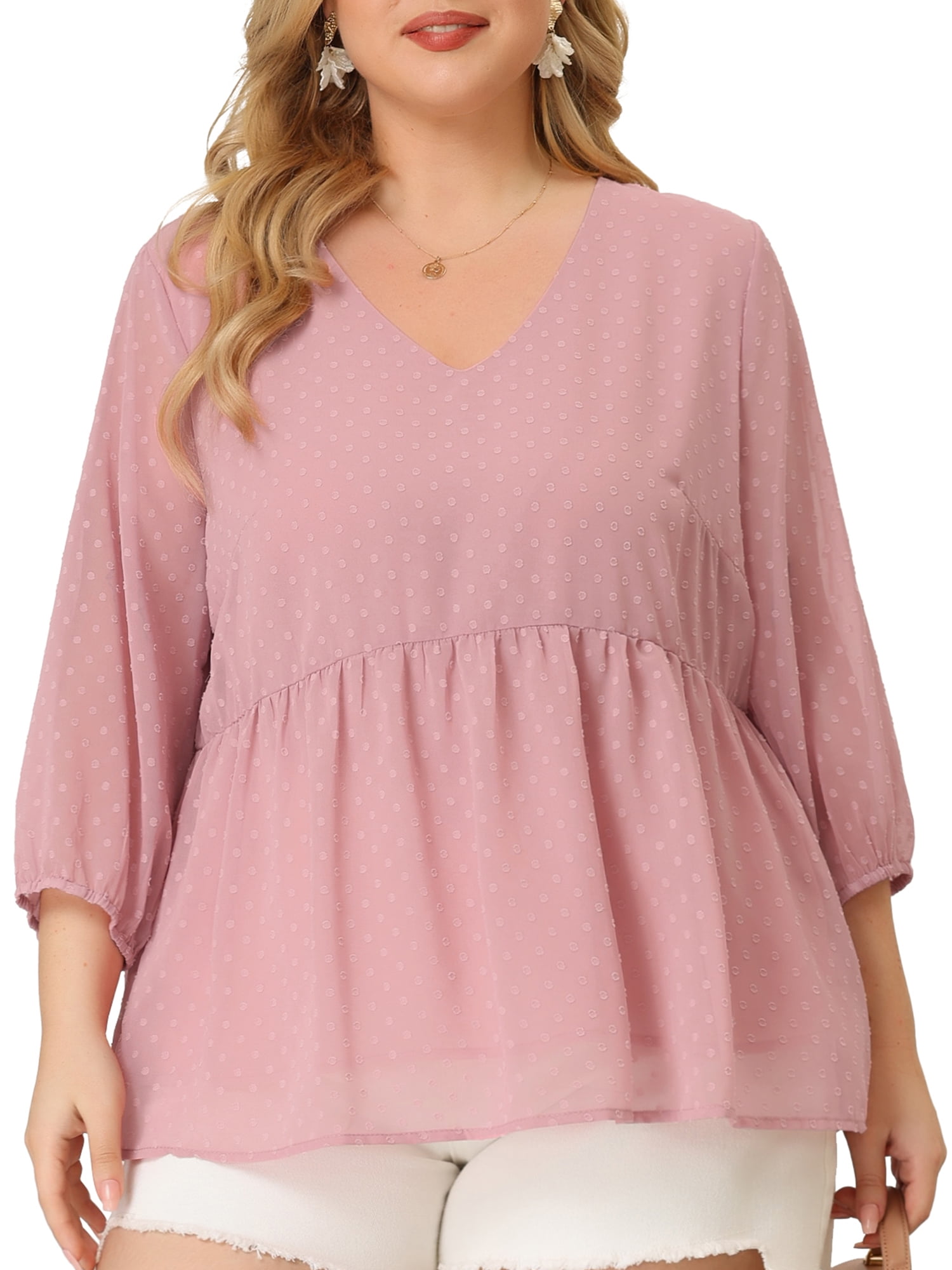 Unique Bargains Juniors' Plus Size Chiffon Tops Babydoll Long Sleeve Swiss Dots Blouses Pink 3X