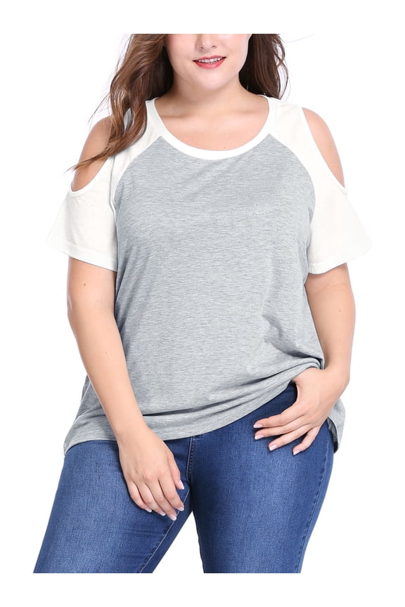 Juniors' Plus Size Contrast Raglan Sleeves Cold Shoulder T-Shirt 3X Gray
