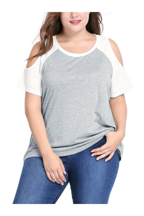 Juniors' Plus Size Contrast Raglan Sleeves Cold Shoulder T-Shirt 4X Gray
