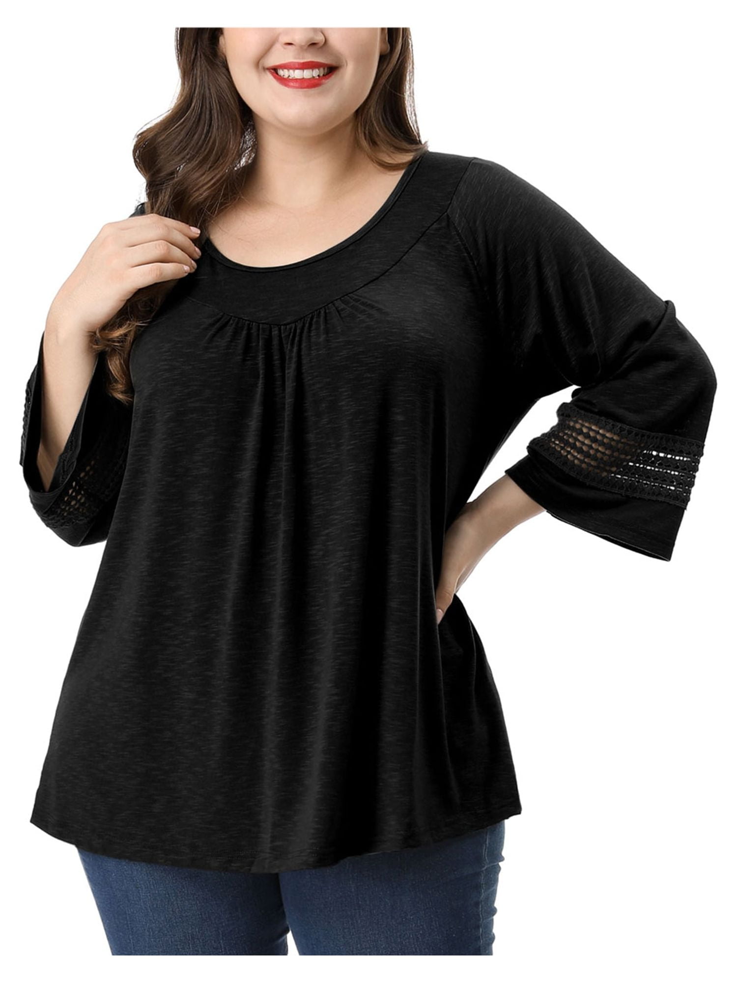 Unique Bargains Juniors' Plus Size Crochet Panel Kimono Raglan Sleeves Ruched Front Top Black 4X