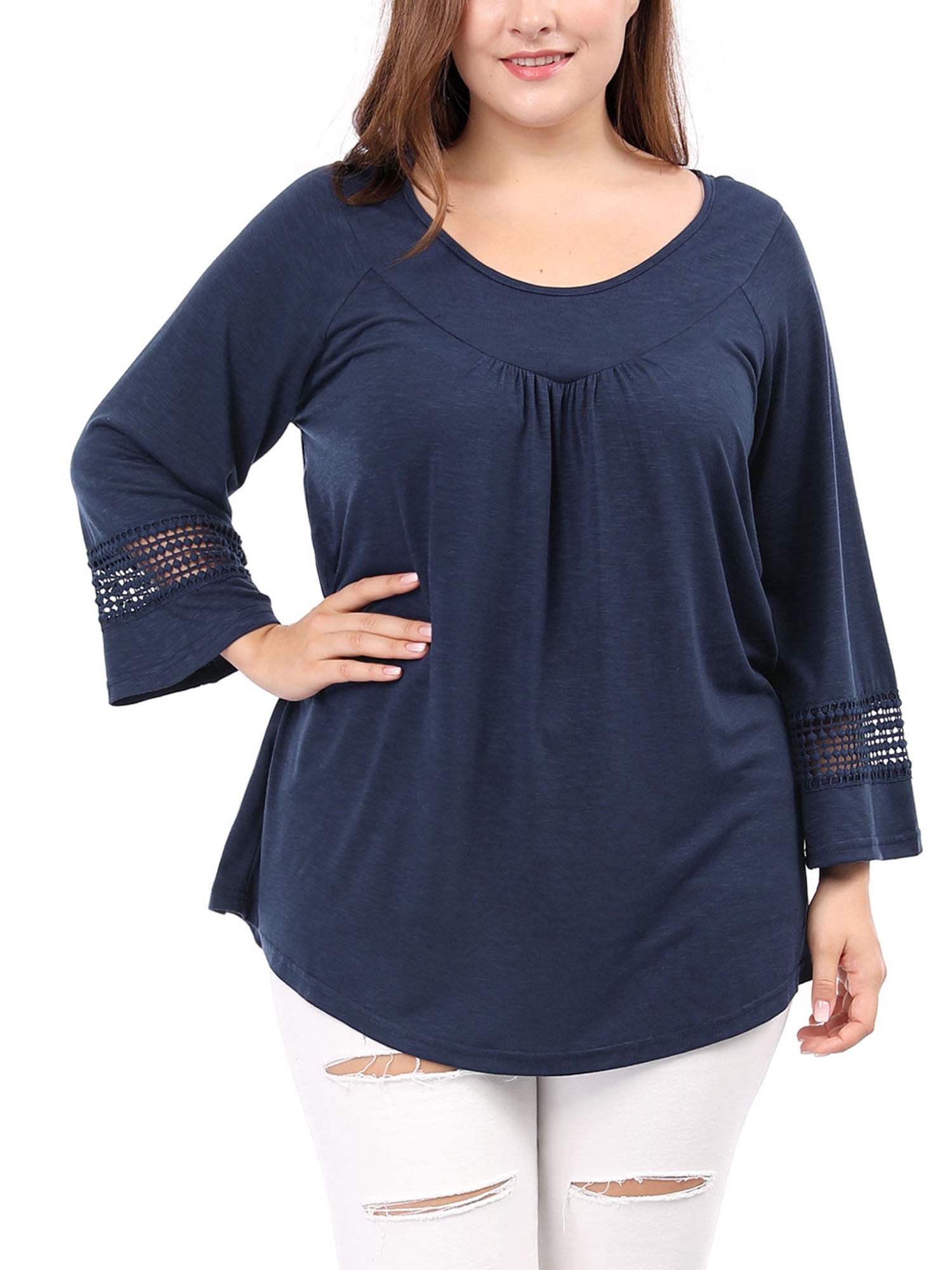 Unique Bargains Juniors' Plus Size Crochet Panel Kimono Raglan Sleeves Ruched Front Top Blue 1X