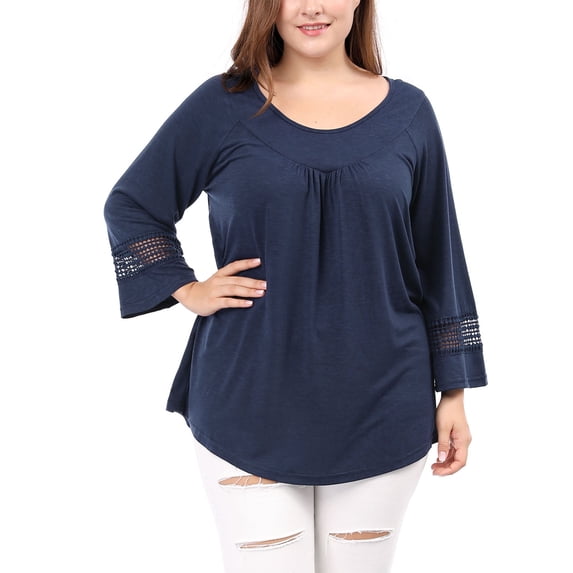 Unique Bargains Juniors' Plus Size Crochet Panel Kimono Raglan Sleeves Ruched Front Top Blue 1X