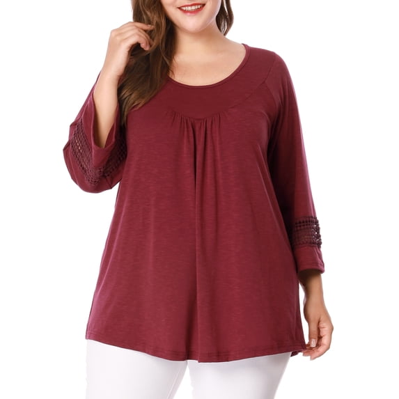 Unique Bargains Juniors' Plus Size Crochet Panel Kimono Raglan Sleeves Ruched Front Top Burgundy 1X