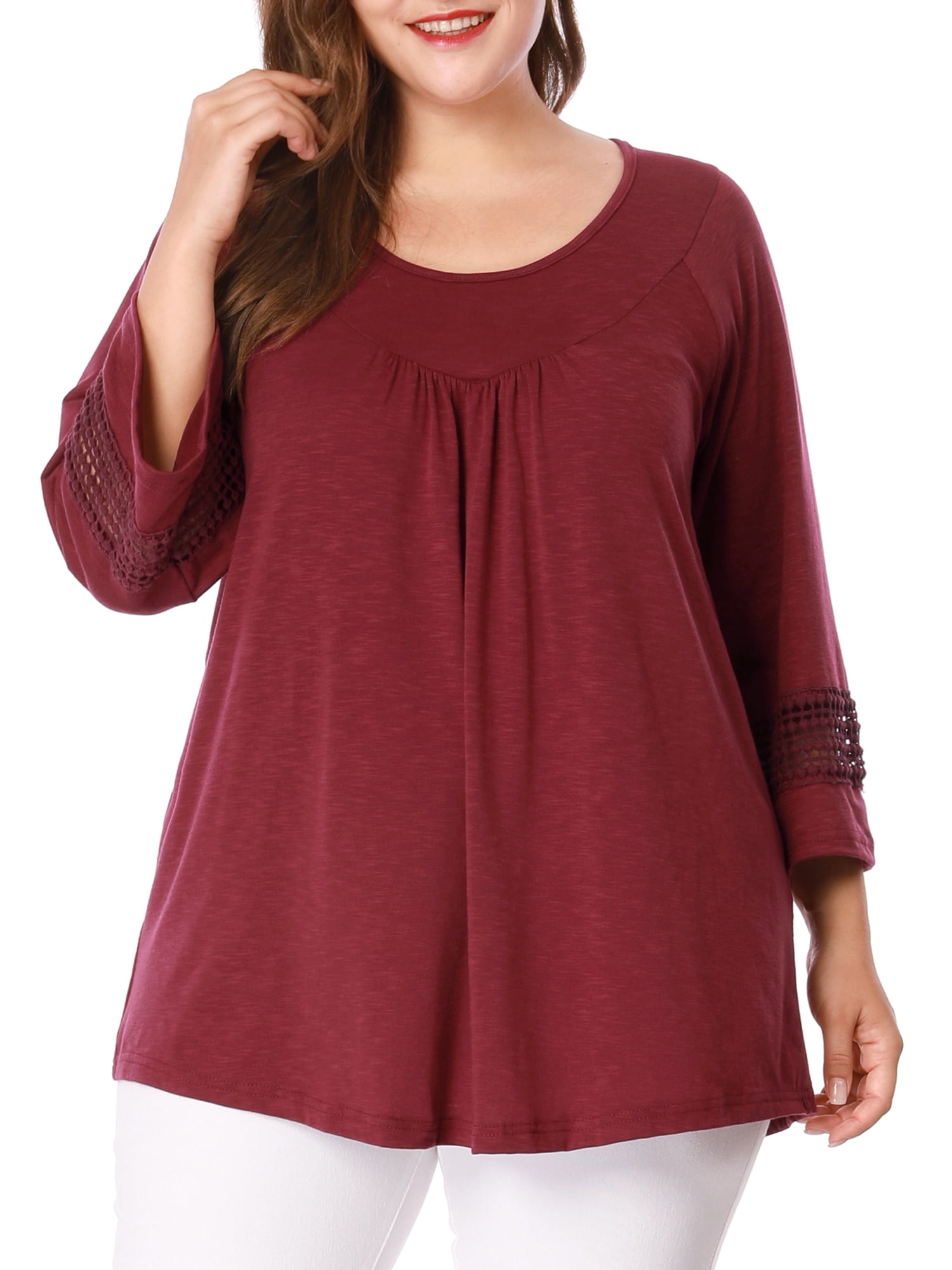 Unique Bargains Juniors' Plus Size Crochet Panel Kimono Raglan Sleeves Ruched Front Top Burgundy 4X