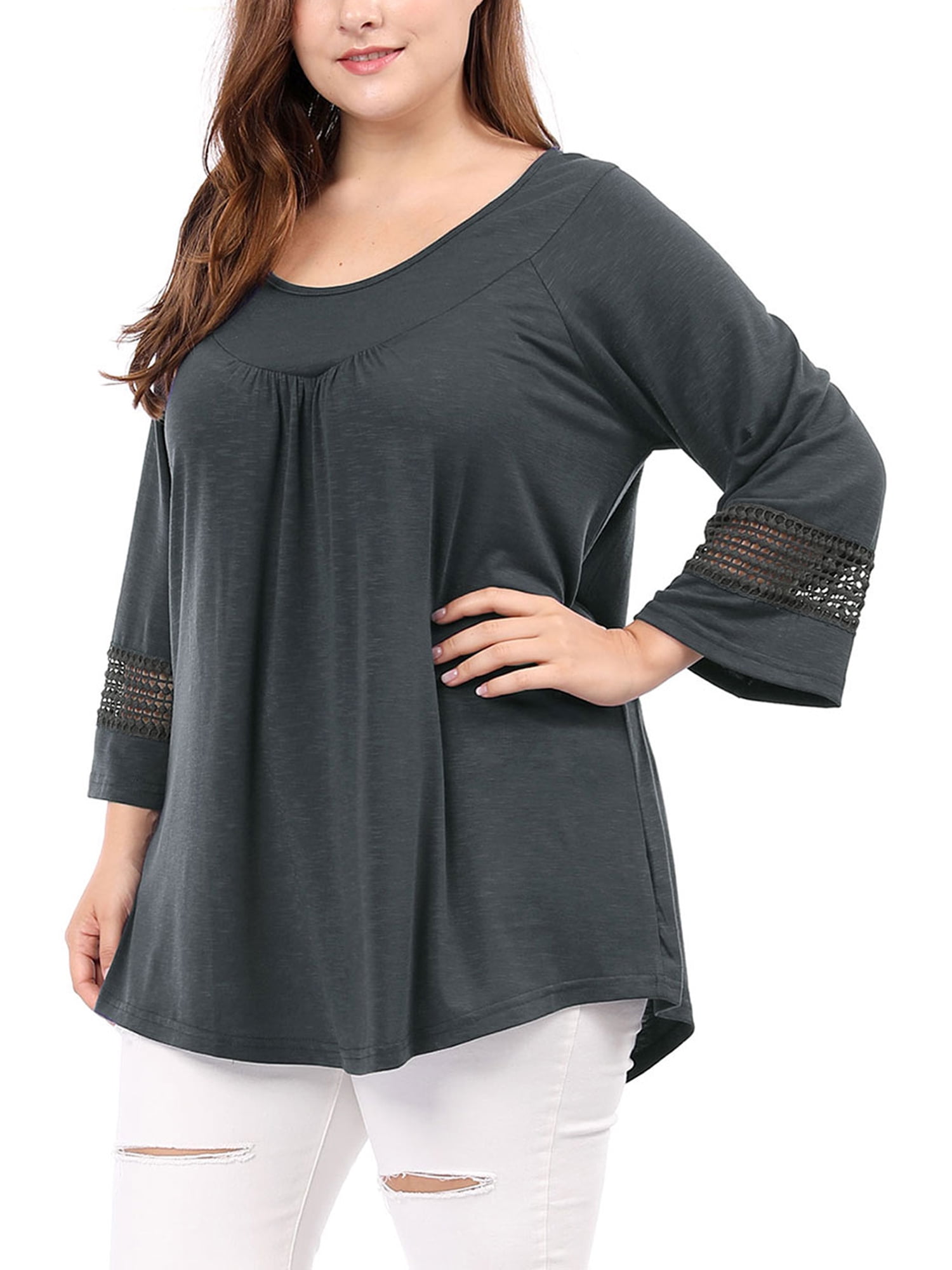 Unique Bargains Juniors' Plus Size Crochet Panel Kimono Raglan Sleeves Ruched Front Top Dark Grey 1X