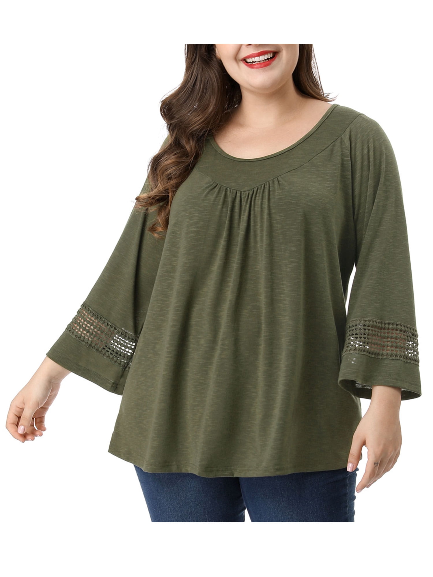 Unique Bargains Juniors' Plus Size Crochet Panel Kimono Raglan Sleeves Ruched Front Top Green 4X