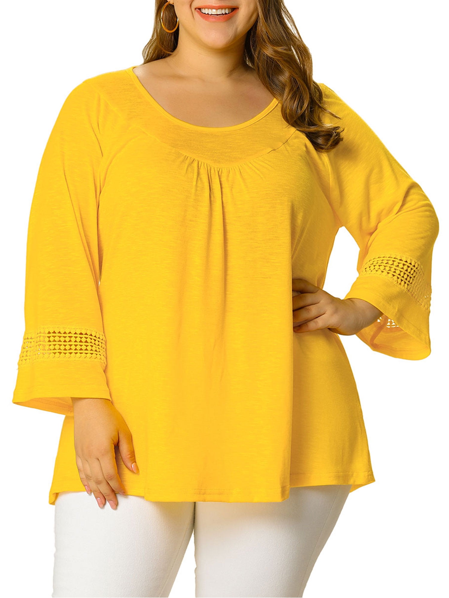 Unique Bargains Juniors' Plus Size Crochet Panel Kimono Raglan Sleeves Ruched Front Top Yellow 2X