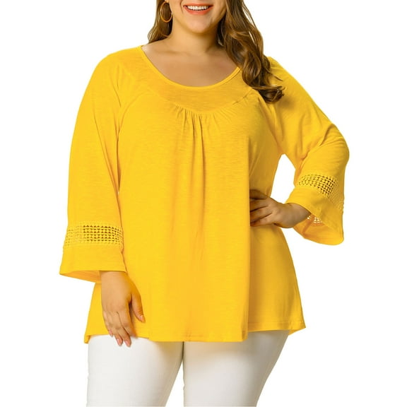 Unique Bargains Juniors' Plus Size Crochet Panel Kimono Raglan Sleeves Ruched Front Top Yellow 3X