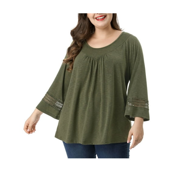 Unique Bargains Juniors' Plus Size Crochet Panel Kimono Raglan Sleeves Ruched Front Top Green 1X