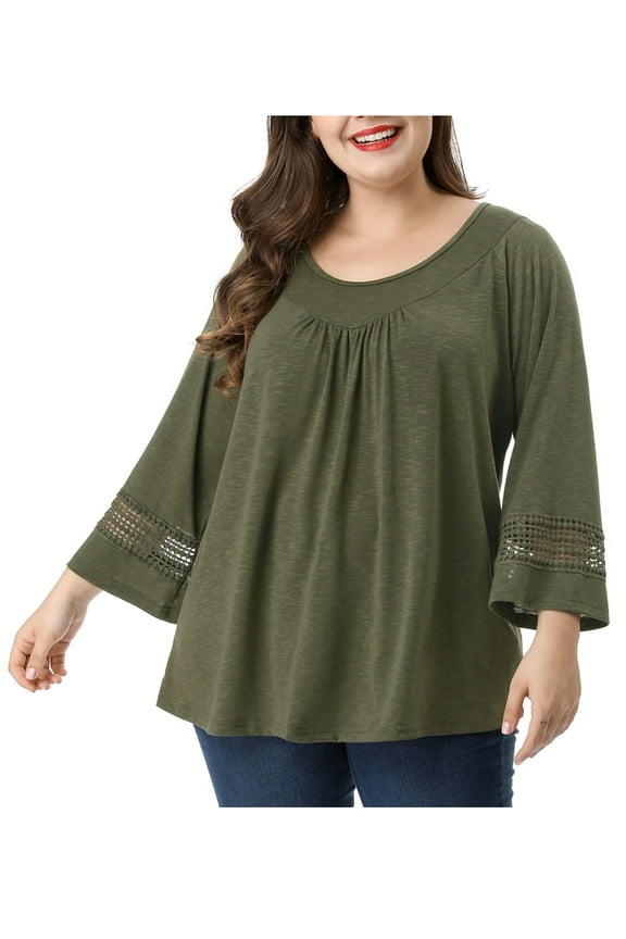 Juniors' Plus Size Crochet Panel Kimono Raglan Sleeves Ruched Front Top Green 1X