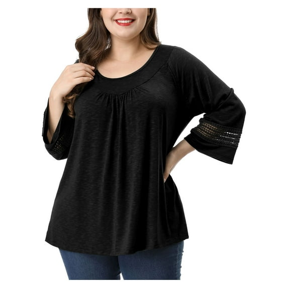 Unique Bargains Juniors' Plus Size Crochet Panel Kimono Raglan Sleeves Ruched Front Top Black 3X