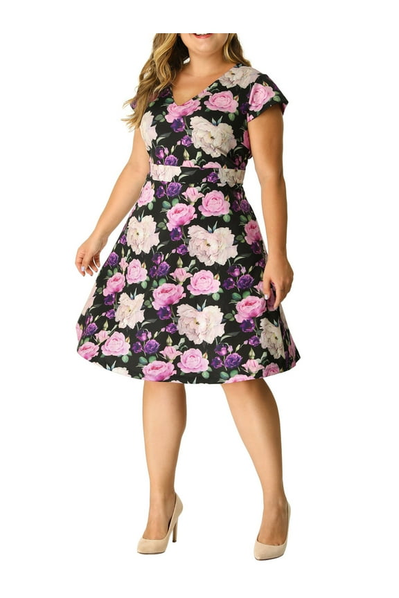 Juniors' Plus Size Deep V Neck Cap Sleeve Floral Dress 5X Black