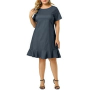 UNIQUE BARGAINS Juniors' Plus Size Denim Ruffle Hem Short Sleeve Chambray Dress 4X Dark Blue