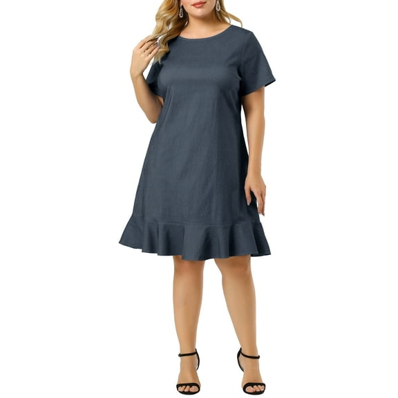 Unique Bargains Juniors' Plus Size Denim Ruffle Hem Short Sleeve Chambray Dress 3X Dark Blue