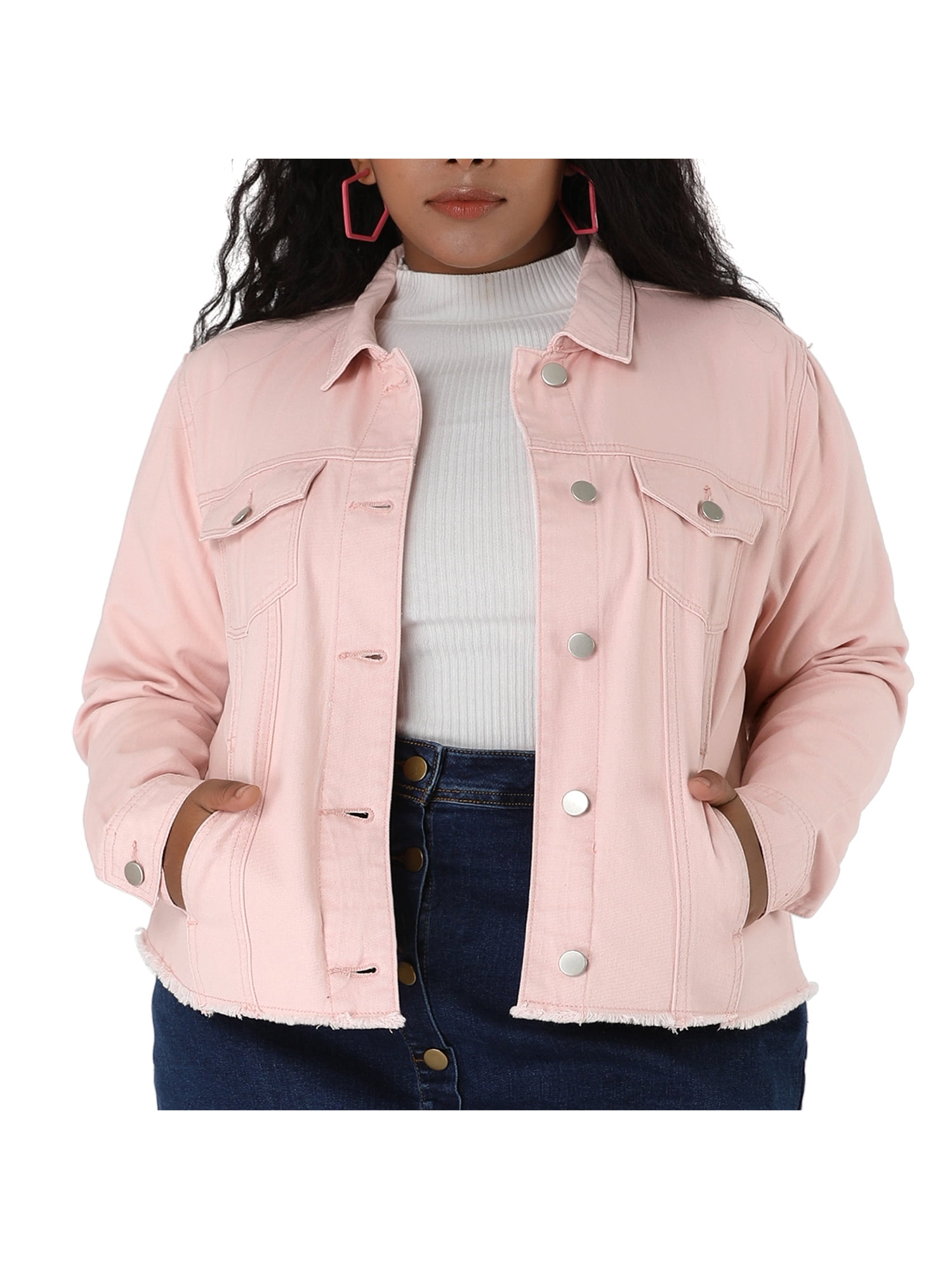 Pink plus size denim jacket discount