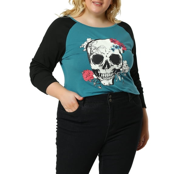 Unique Bargains Juniors' Plus Size Floral Skull Contrast Color Raglan Top 1X Azure