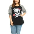 thumbnail image 1 of Unique Bargains Juniors' Plus Size Floral Skull Contrast Color Raglan Top 1X Black, 1 of 5